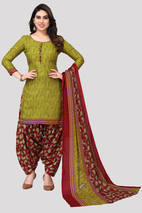 Mahendi Green Cotton Blend Printed Unstitched Salwar Suit Material