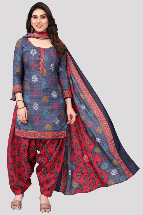 Navy Blue Cotton Blend Printed Unstitched Salwar Suit Material