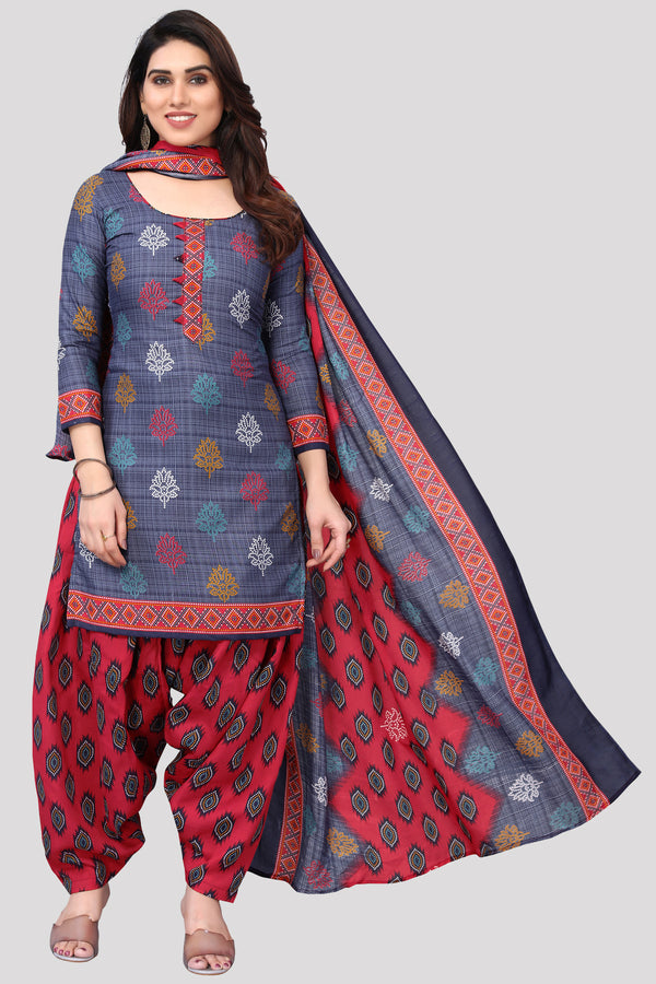 Navy Blue Cotton Blend Printed Unstitched Salwar Suit Material