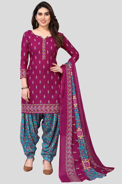 Wine Cotton Blend Printed Unstitched Salwar Suit Material