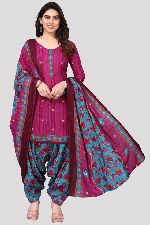 Wine Cotton Blend Printed Unstitched Salwar Suit Material