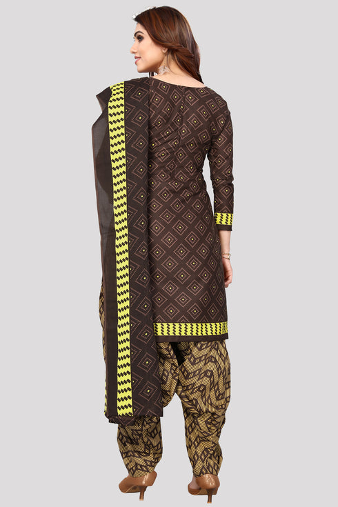 Brown Cotton Blend Printed Unstitched Salwar Suit Material