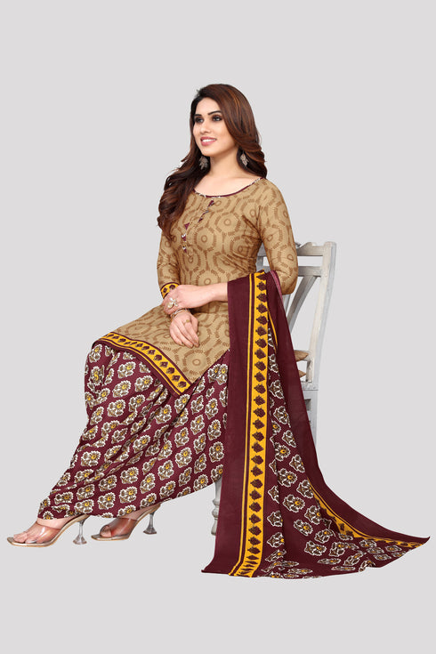 Beige Cotton Blend Printed Unstitched Salwar Suit Material