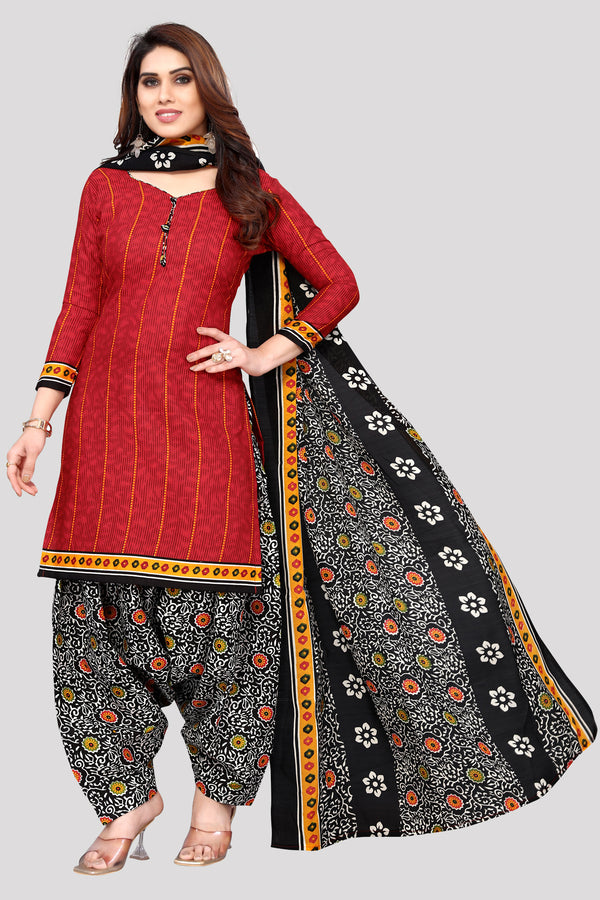 Red Cotton Blend Printed Unstitched Salwar Suit Material