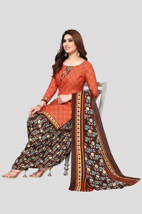 Orange Cotton Blend Printed Unstitched Salwar Suit Material