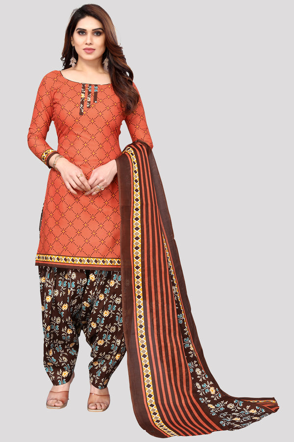 Orange Cotton Blend Printed Unstitched Salwar Suit Material