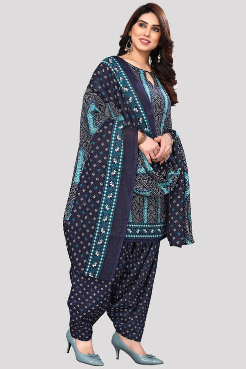 Navy Blue & Teal Green Cotton Blend Printed Unstitched Salwar Suit Material