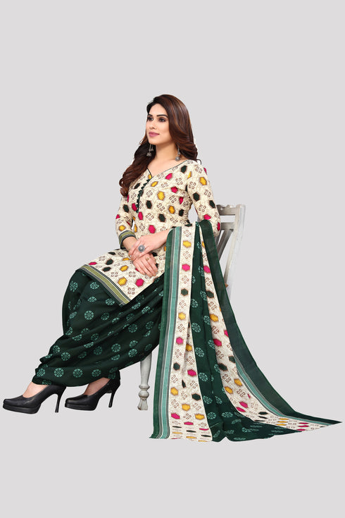 Cream Cotton Blend Printed Unstitched Salwar Suit Material