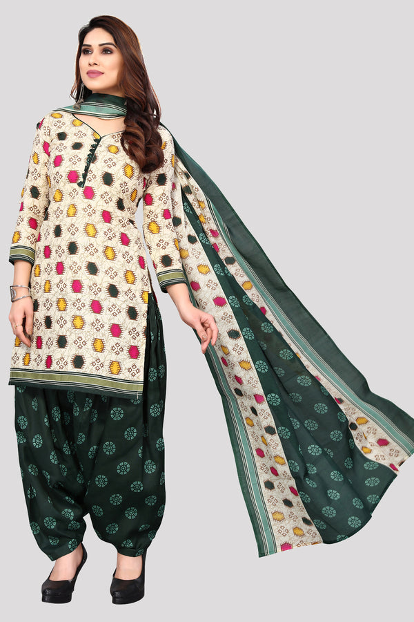 Cream Cotton Blend Printed Unstitched Salwar Suit Material
