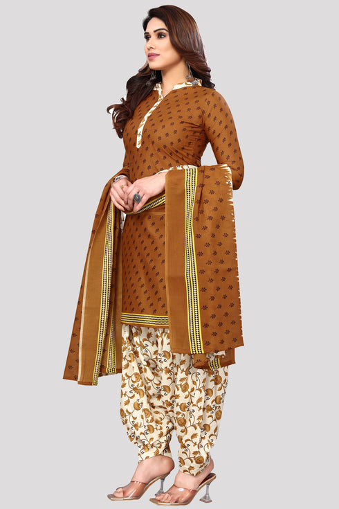 Brown Cotton Blend Printed Unstitched Salwar Suit Material