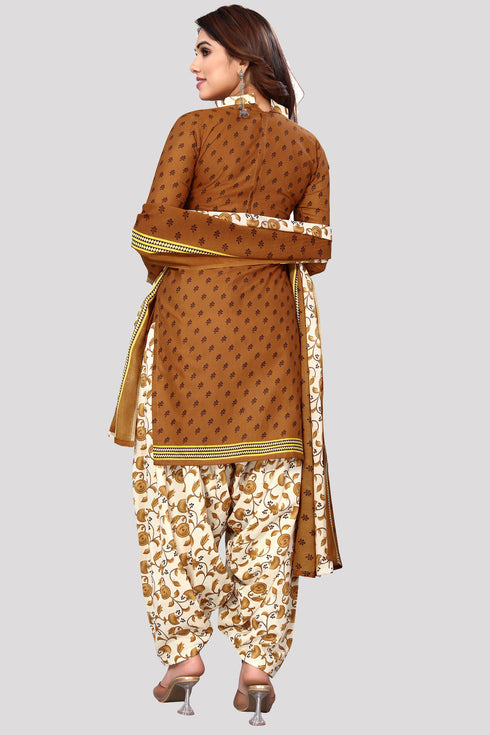 Brown Cotton Blend Printed Unstitched Salwar Suit Material
