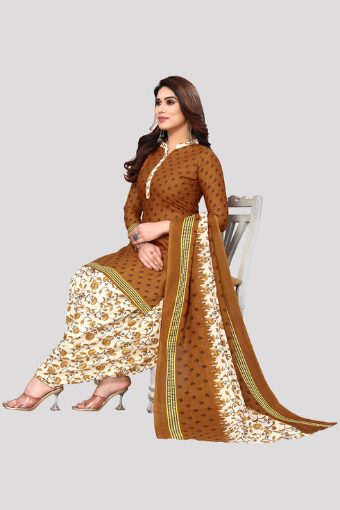 Brown Cotton Blend Printed Unstitched Salwar Suit Material