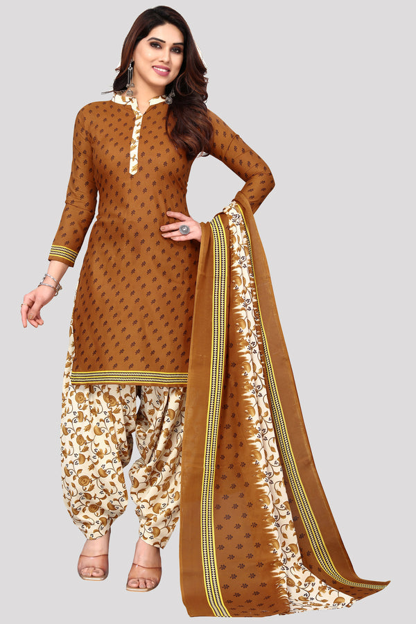 Brown Cotton Blend Printed Unstitched Salwar Suit Material