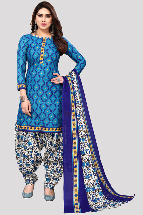 Blue Cotton Blend Printed Unstitched Salwar Suit Material