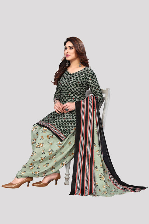 Green Cotton Blend Printed Unstitched Salwar Suit Material