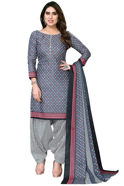 Grey Cotton Blend Printed Unstitched Salwar Suit Material