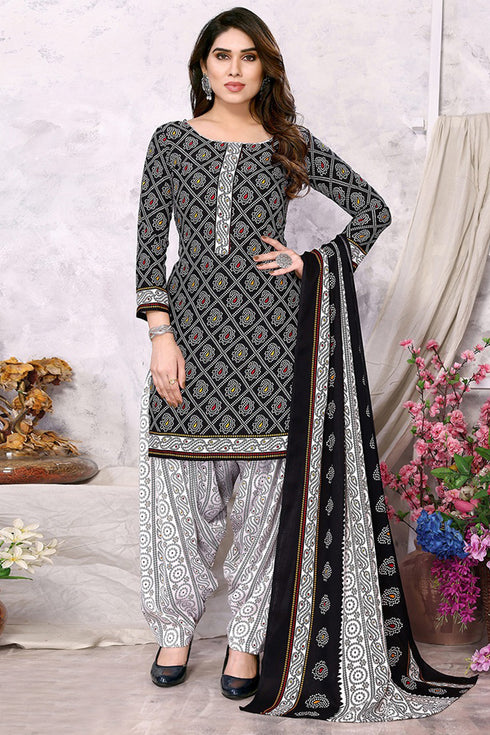 Black Cotton Blend Printed Unstitched Salwar Suit Material