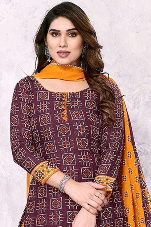 Maroon Cotton Blend Printed Unstitched Salwar Suit Material