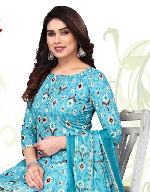 Sky Blue & White Cotton Blend Printed Unstitched Salwar Suit Material