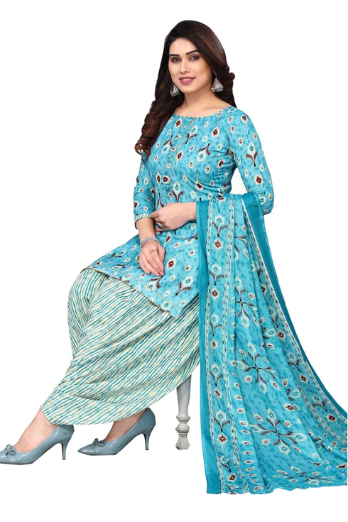 Sky Blue & White Cotton Blend Printed Unstitched Salwar Suit Material