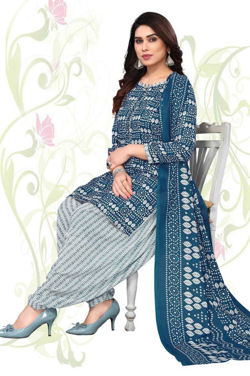 Navy Blue Cotton Blend Printed Unstitched Salwar Suit Material