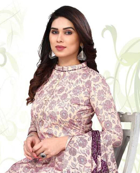 Beige Cotton Blend Printed Unstitched Salwar Suit Material