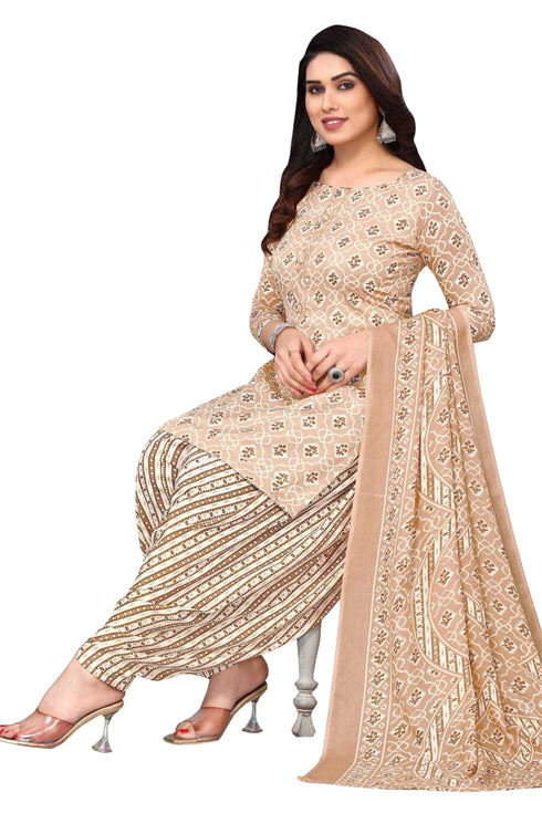 Beige Cotton Blend Printed Unstitched Salwar Suit Material