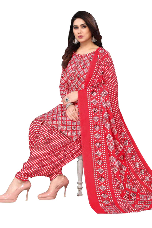 Red & White Cotton Blend Printed Unstitched Salwar Suit Material