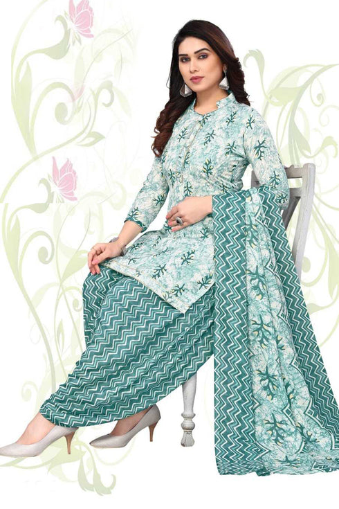 Sea Green & White Cotton Blend Printed Unstitched Salwar Suit Material