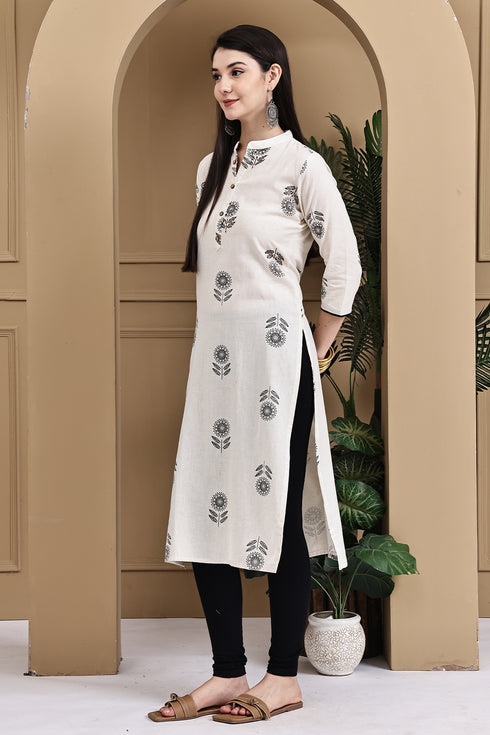 Beige Khadi Cotton Jaipuri Printed Kurti