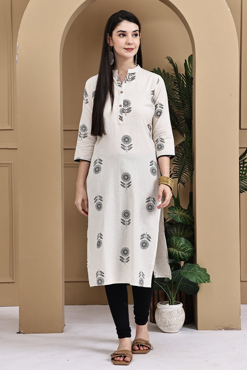 Beige Khadi Cotton Jaipuri Printed Kurti