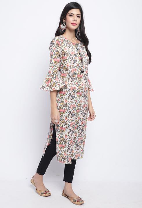 White Pure Cambric Cotton Jaipuri Printed Kurti