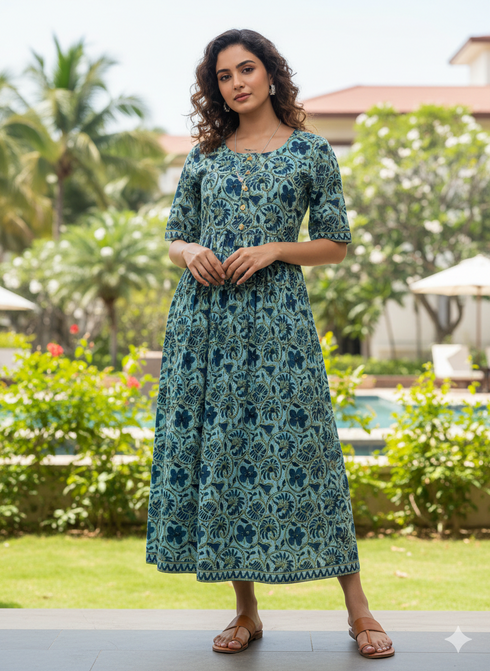 Sea Green Pure Cotton Jaipuri Printed Gown