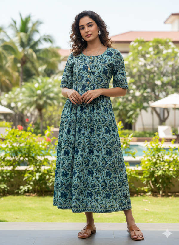 Sea Green Pure Cotton Jaipuri Printed Gown