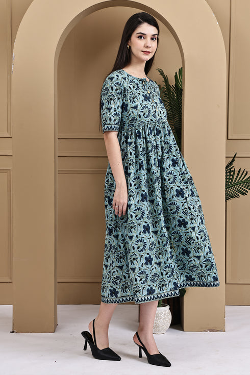 Sea Green Pure Cotton Jaipuri Printed Gown