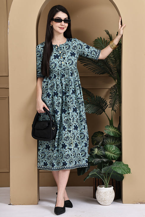 Sea Green Pure Cotton Jaipuri Printed Gown