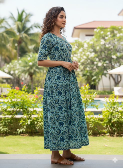 Sea Green Pure Cotton Jaipuri Printed Gown