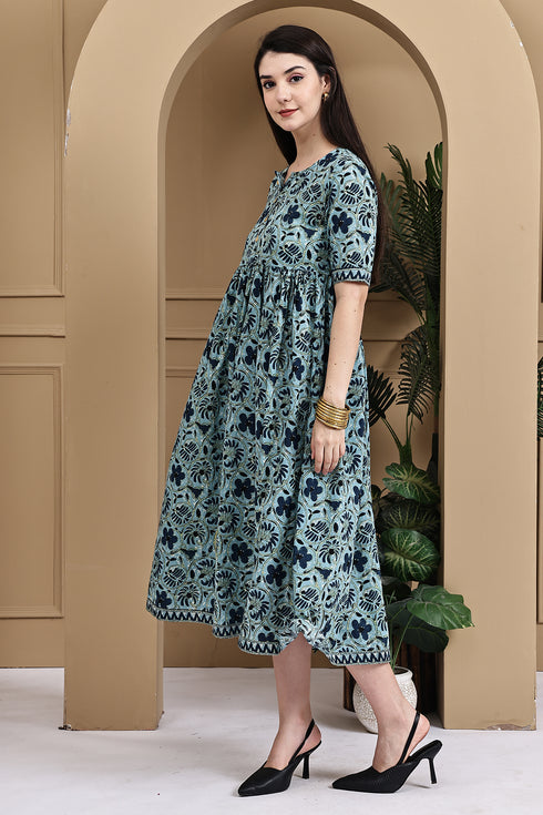 Sea Green Pure Cotton Jaipuri Printed Gown