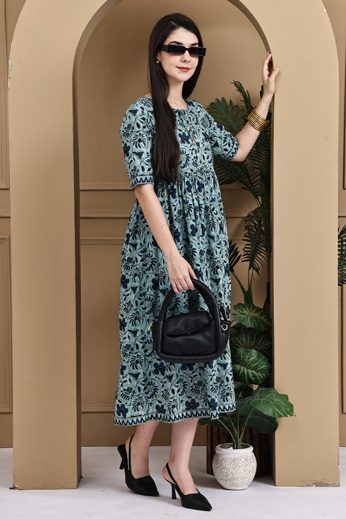 Sea Green Pure Cotton Jaipuri Printed Gown