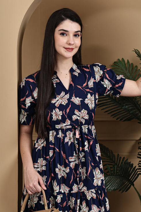 Blue Pure Cotton Floral Printed Gown