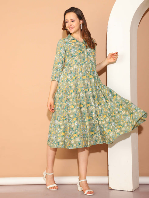 Green Pure Cotton Floral Printed Gown