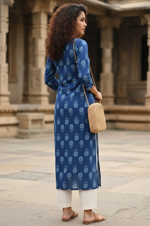 Blue Cotton Jaipuri Floral Printed Kurti
