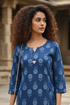 Blue Cotton Jaipuri Floral Printed Kurti