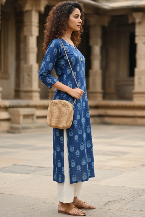 Blue Cotton Jaipuri Floral Printed Kurti