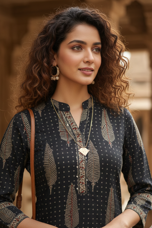 Black Cotton Jaipuri Floral Printed Kurti