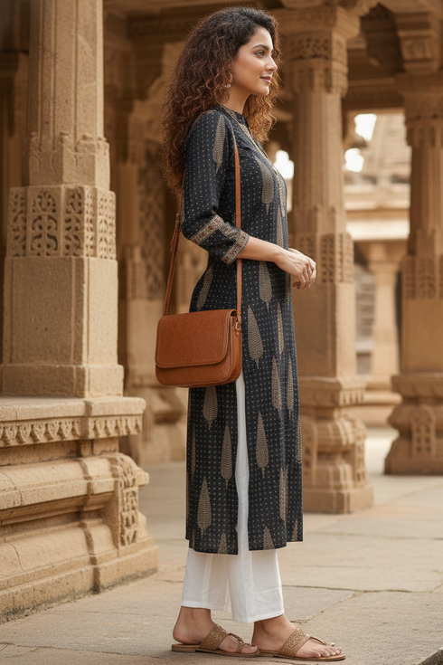 Black Cotton Jaipuri Floral Printed Kurti