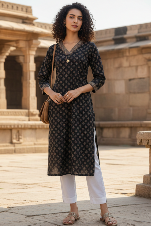 Black Cotton Jaipuri Floral Printed Kurti