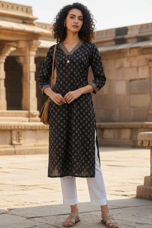 Black Cotton Jaipuri Floral Printed Kurti