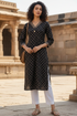 Black Cotton Jaipuri Floral Printed Kurti