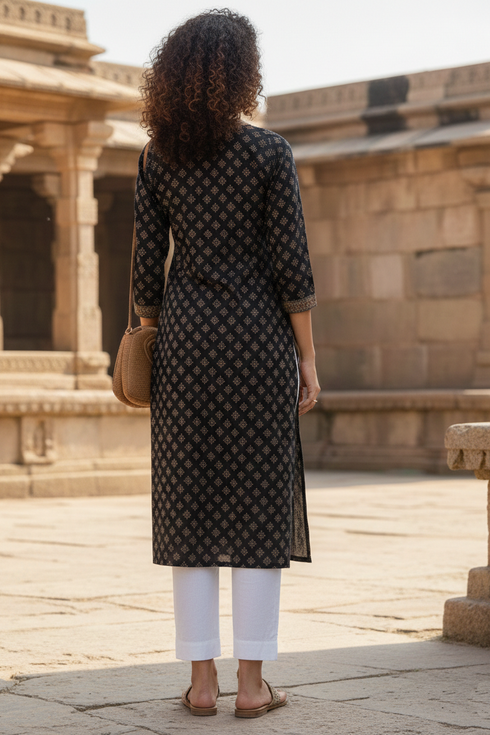 Black Cotton Jaipuri Floral Printed Kurti